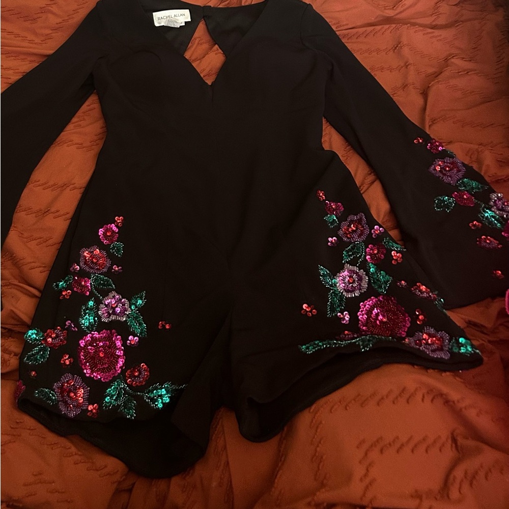 Rachel Allan Black Dress with Floral Embroidery